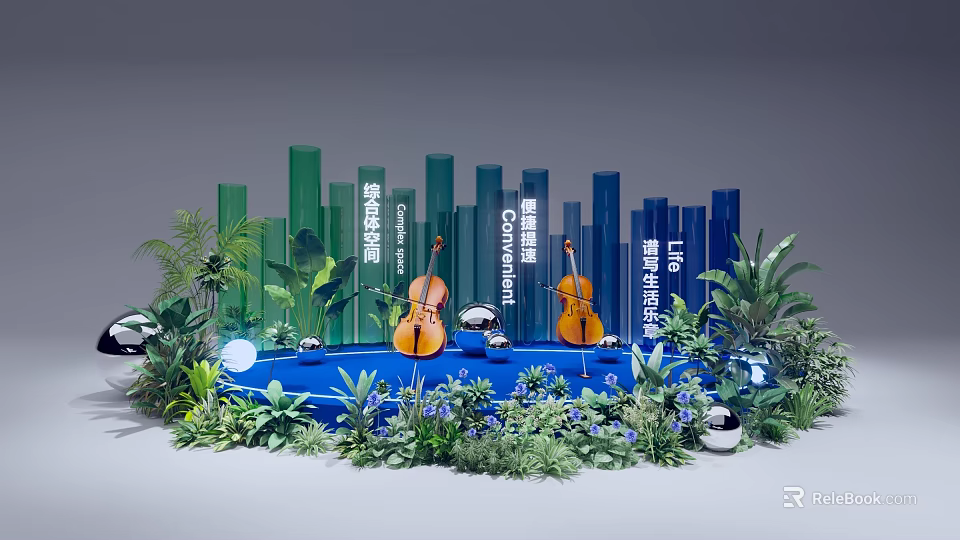 Blue Stage Decorated with Green and Blue Columns Cellos and Lush Plants 3d model 