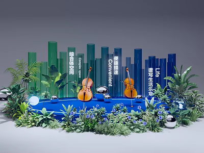 Blue Stage Decorated with Green and Blue Columns Cellos and Lush Plants 3d model