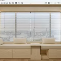 Modern Wooden Banquette Sofa With Beige Cushions Small Coffee Table And Large Windows City View