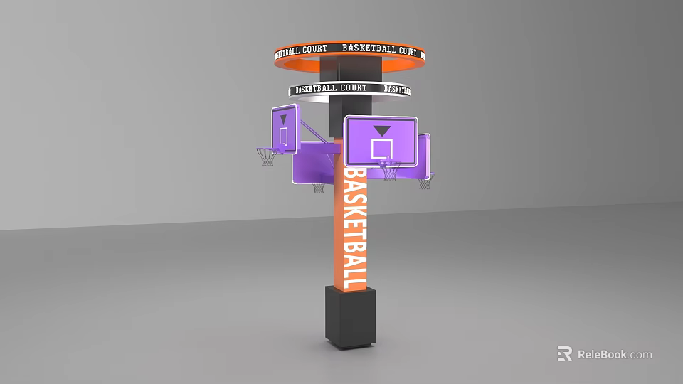 Basketball Themed Photo Spot In City Center With Orange Purple Signpost And Basketball Hoop 3d model 