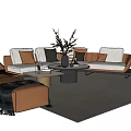 Modern Sofa Coffee Table Set With White Brown Cushions Round Table Decorative Branches Dark Rug 3d model