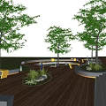Tranquil Park Landscape With Lush Green Trees Curved Wooden Walkway And Rest Benches