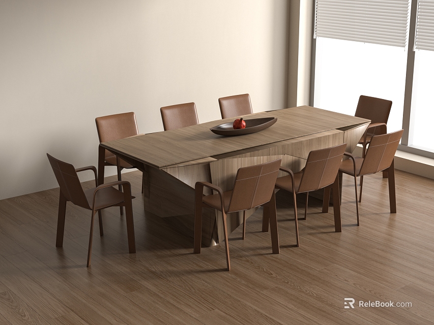 Wooden Dining Table With Eight Brown Chairs In Minimalist Room Interior 3d model 