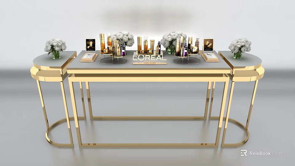 L'OREAL Cosmetics Display Shelf With Golden Frame Decorative Flowers And Arranged Products 3d model 