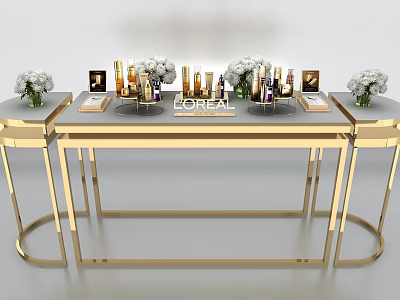 L'OREAL Cosmetics Display Shelf With Golden Frame Decorative Flowers And Arranged Products 3d model