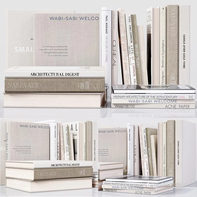 Stacked Books Collection Featuring Architectural Digest Narrative And Wabi Sabi Themes With Minimalist Covers 3d model 