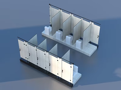 Modern Public Toilet Partitions With Multiple Stalls Metal Frames And White Panels 3d model