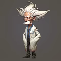Cartoon Scientist Game Film Character With Wild White Hair Mustache And Lab Coat