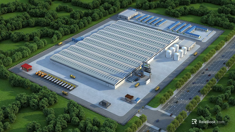 Industrial Factory Building Featuring Spacious Roofing Surrounding Greenery and Truck Parking Areas 3d model 