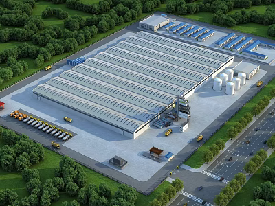 Industrial Factory Building Featuring Spacious Roofing Surrounding Greenery and Truck Parking Areas 3d model