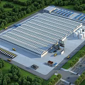 Industrial Factory Building Featuring Spacious Roofing Surrounding Greenery and Truck Parking Areas