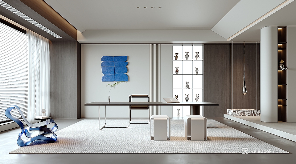 Modern Study Room Interior Design With Long Desk Bookshelf Decorative Painting And Soft Lighting 3d model 