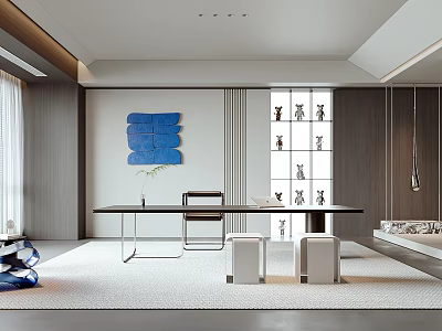 Modern Study Room Interior Design With Long Desk Bookshelf Decorative Painting And Soft Lighting 3d model