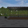 Modern Pergola Design with Black Metal Frame Wooden Platform and Hanging Lanterns