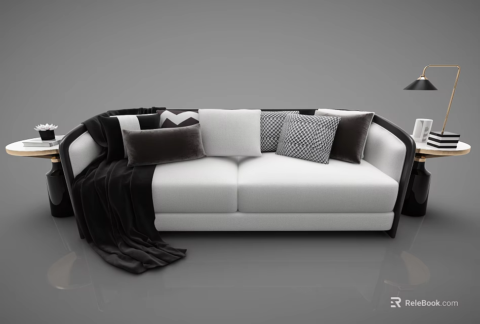 Modern White Two-Seater Sofa With Decorative Pillows Blanket And Side Table Lamp 3d model