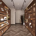 Modern Fashion Store Interior With Shoes Bags Clothing Display Shelves And Herringbone Floor