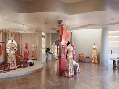 Traditional Cheongsam Clothing Store with Modern Elegant Interior and Mannequin Display Area 3d model
