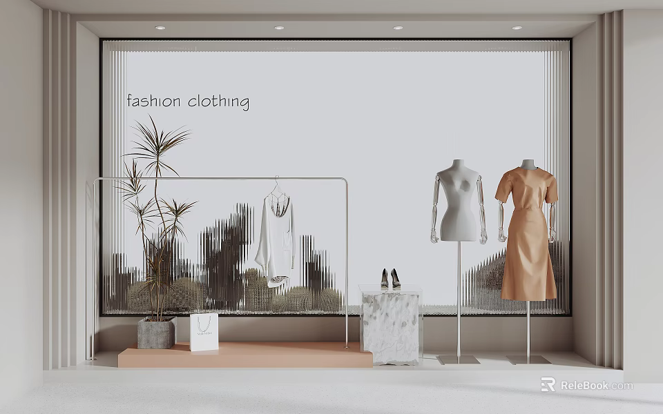 Fashion Clothing Window Display With Mannequins Dresses Plants Display Stand And Shoes 3d model 