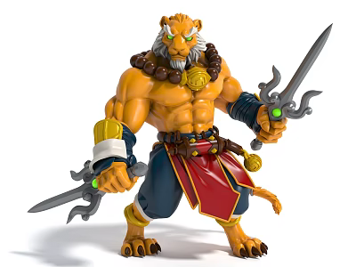 Muscular Lion Shaped Doll With Double Swords And Golden Accessories 3d model Muscular Lion Shaped Doll With Double Swords And Golden Accessories 3d model