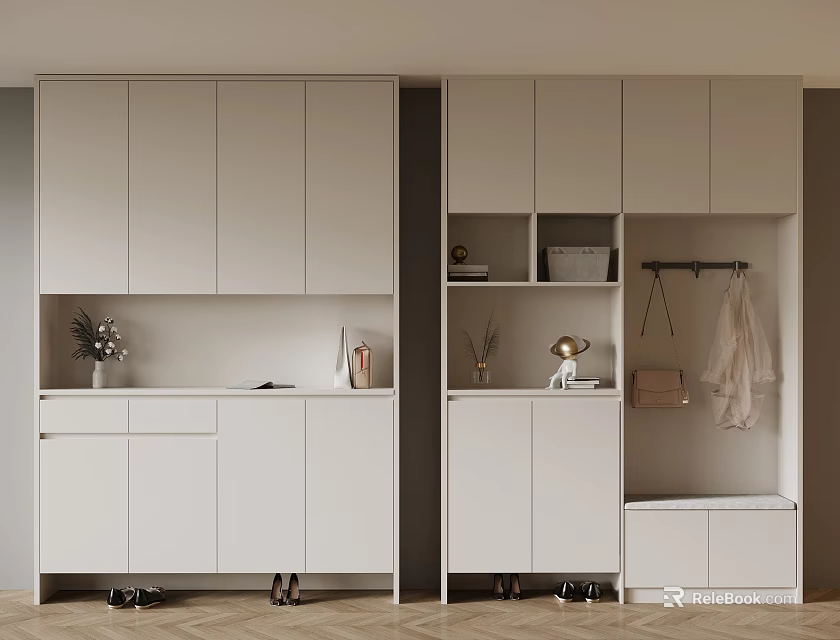 Modern White Shoe Cabinet With Storage Hooks Bench And Entryway Interior Design 3d model 