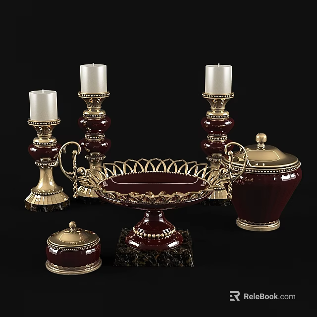 Elegant Decorative Ornament Set With Gold Red Candle Holders Fruit Bowl And Lidded Jar 3d model 