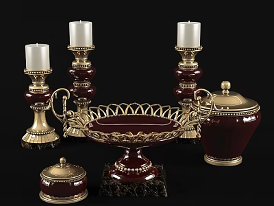 Elegant Decorative Ornament Set With Gold Red Candle Holders Fruit Bowl And Lidded Jar 3d model