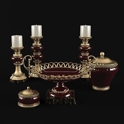 Elegant Decorative Ornament Set With Gold Red Candle Holders Fruit Bowl And Lidded Jar 3d model