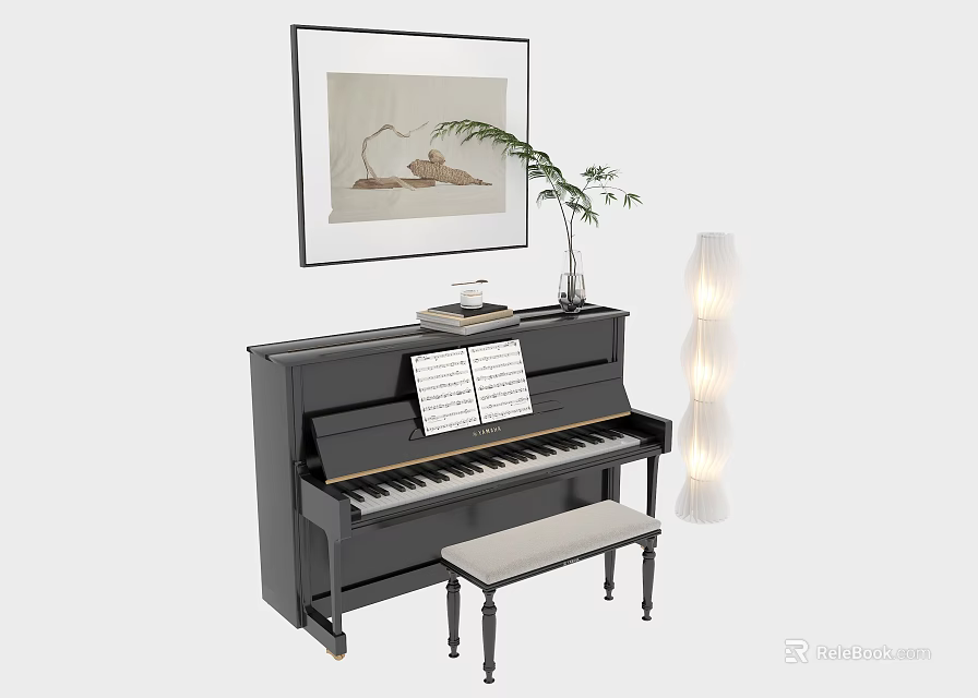 Black Upright Piano With Sheet Music And Bench Near Wall Artwork And Floor Lamp 3d model 