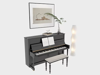 Black Upright Piano With Sheet Music And Bench Near Wall Artwork And Floor Lamp 3d model