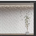 White 3D Geometric Pattern Wall Panels With Decorative Green Plant In Modern Interior 3d model