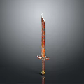 Ornate Traditional Sword With Red And Gold Intricate Patterns On Hilt And Blade
