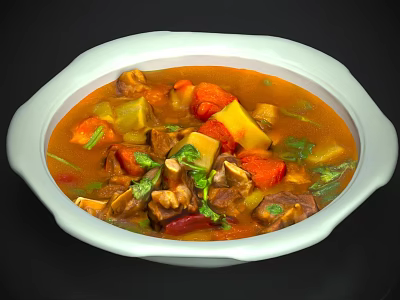 Delicious Homemade Meat Stew With Carrots Tomatoes Potatoes And Fresh Coriander In White Bowl 3d model