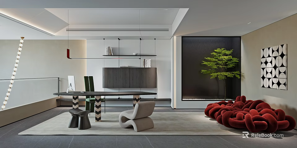 Modern Study Room Interior With Wooden Desk Comfortable Chair Bookshelf And Decorative Plant 3d model 