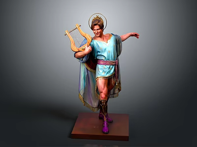 Greek Style Sculpture Of Figure With Lyre Halo And Blue Attire On Wooden Base 3d model