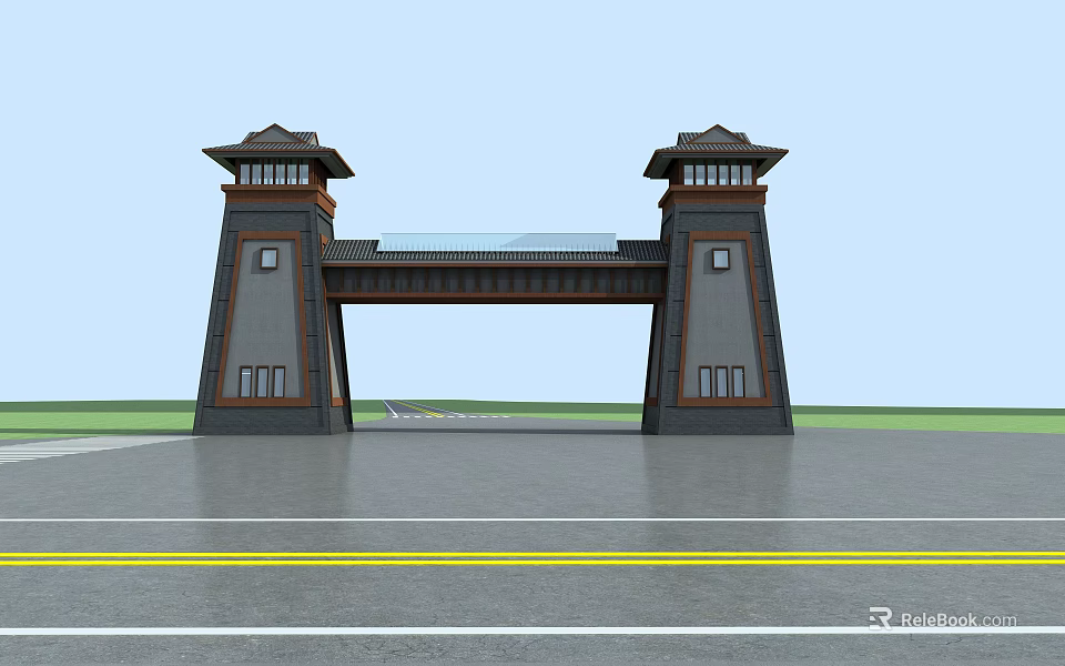 Ancient Chinese Architectural Gate Featuring Twin Towers Traditional Roof And Gray Walls 3d model 