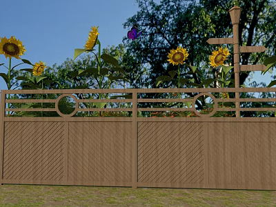 Wooden Fence With Decorative Railings Sunflowers Butterfly Trees And Blue Sky 3d model