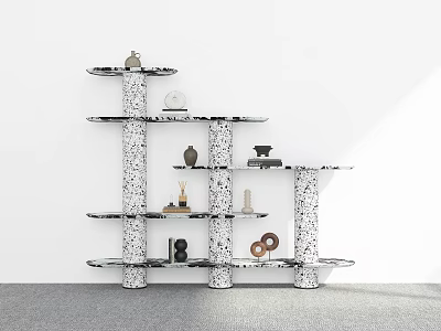 Modern Minimalist Terrazzo Shelving Unit With Multi Tiered Design And Decorative Items 3d model