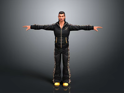 Game Movie Character Male Wearing Black Tracksuit With Gold Accents Arms Outstretched and Yellow Shoes 3d model