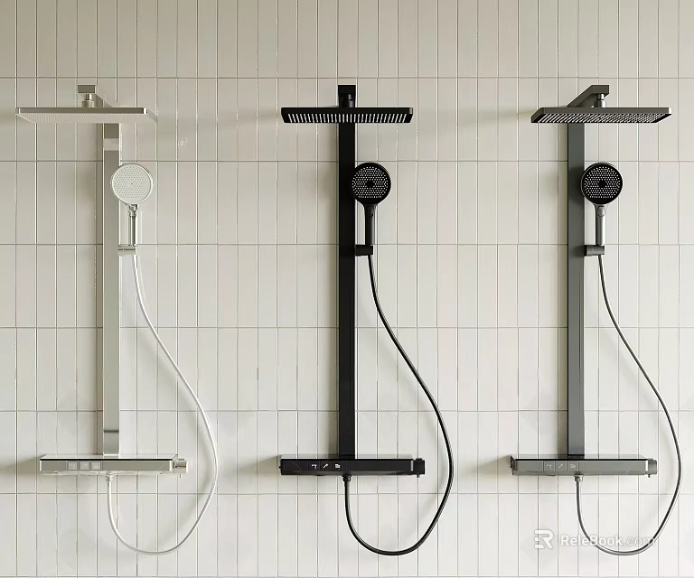 Modern White Black Gray Shower Systems With Handheld Sprayers On Tile Wall 3d model 