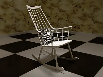 White Rocking Chair With Black And White Striped Cushion Against Patterned Wall On Checkered Floor 3d model