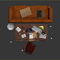Functional Workspace Interior With Wooden Desk Swivel Chair Orange Sofa Lamps Documents And Telephone