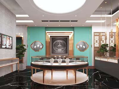 Luxury Modern Jewelry Store Interior With Round Glass Showcases And Gold Framed Decor 3d model