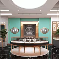 Luxury Modern Jewelry Store Interior With Round Glass Showcases And Gold Framed Decor
