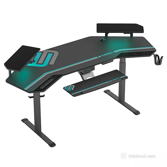 Modern Gaming Desk and Chair Set with RGB Lighting Headphone Hook and Keyboard Tray 3d model 