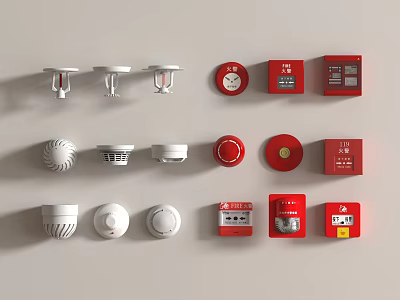 Essential Fire Safety Equipment Including Smoke Detectors Fire Alarm Buttons and Cabinets 3d model