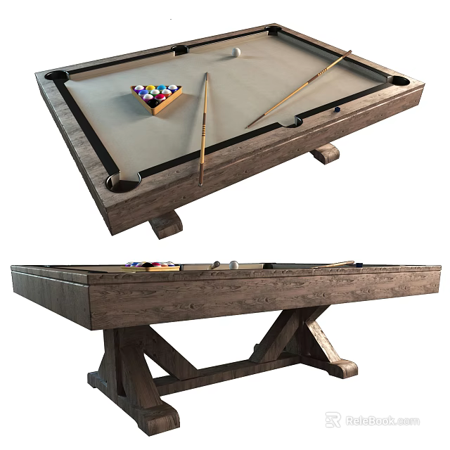 Sturdy Wooden Billiard Table With Cues And Colorful Balls For Sports Recreation 3d model 
