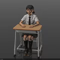 Girl In School Uniform Sitting At Wooden Desk With Metal Frame