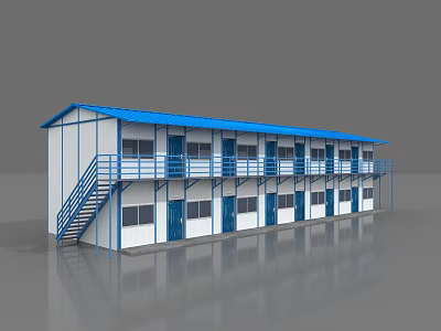 Prefabricated Industrial Workshop With Blue Roof White Walls Exterior Stairs And Balcony 3d model
