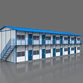 Prefabricated Industrial Workshop With Blue Roof White Walls Exterior Stairs And Balcony