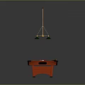 Red Frame Pool Table With Green Felt Surface And Gold Pendant Lights Hanging Above
